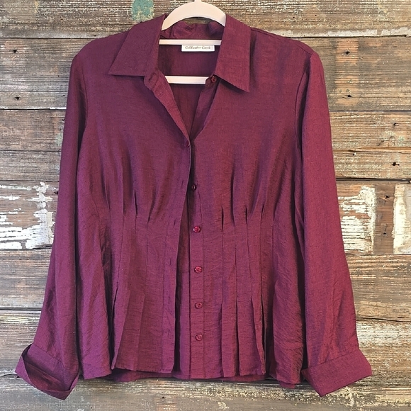 Coldwater Creek Women's Burgundy Pleated Button-Up Top, Size 10/12 (M) - Picture 1 of 5